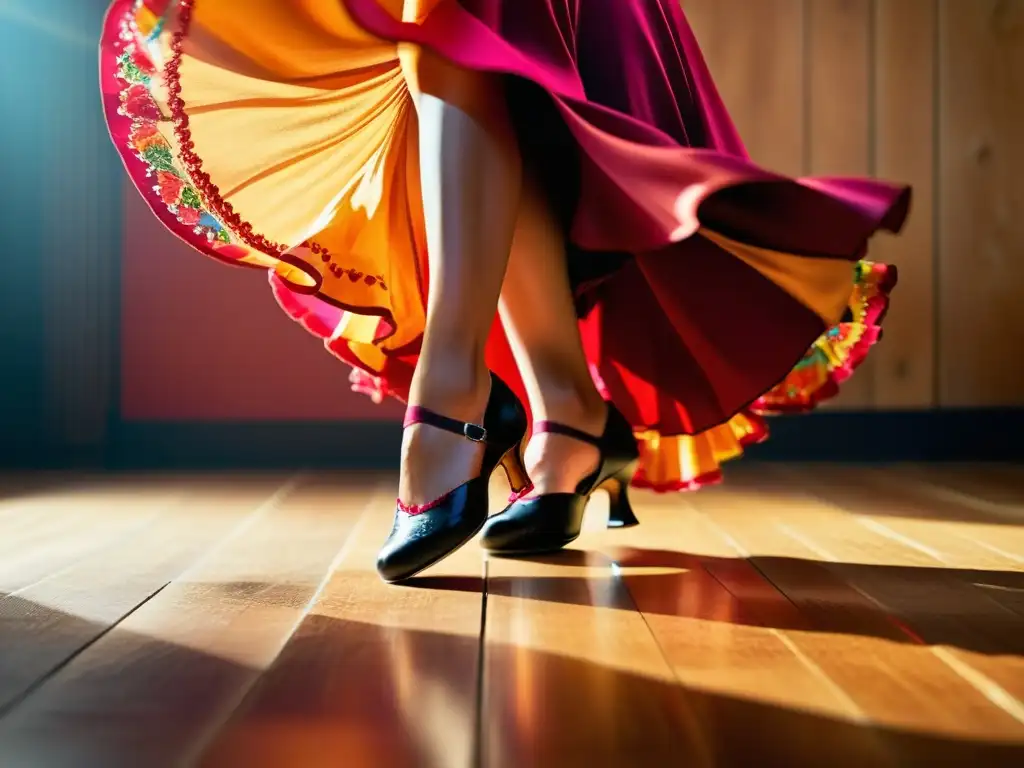 Un retrato de alta resolución que muestra el intrincado zapateado de una bailaora de flamenco, con una falda colorida en movimiento