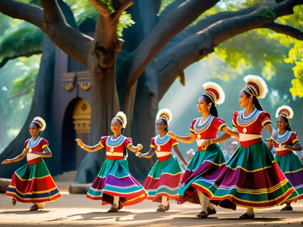 Revitalización de danzas tradicionales patrimonio: Bailarines vistosos ejecutan danza ceremonial en un claro soleado, rodeados de árboles centenarios