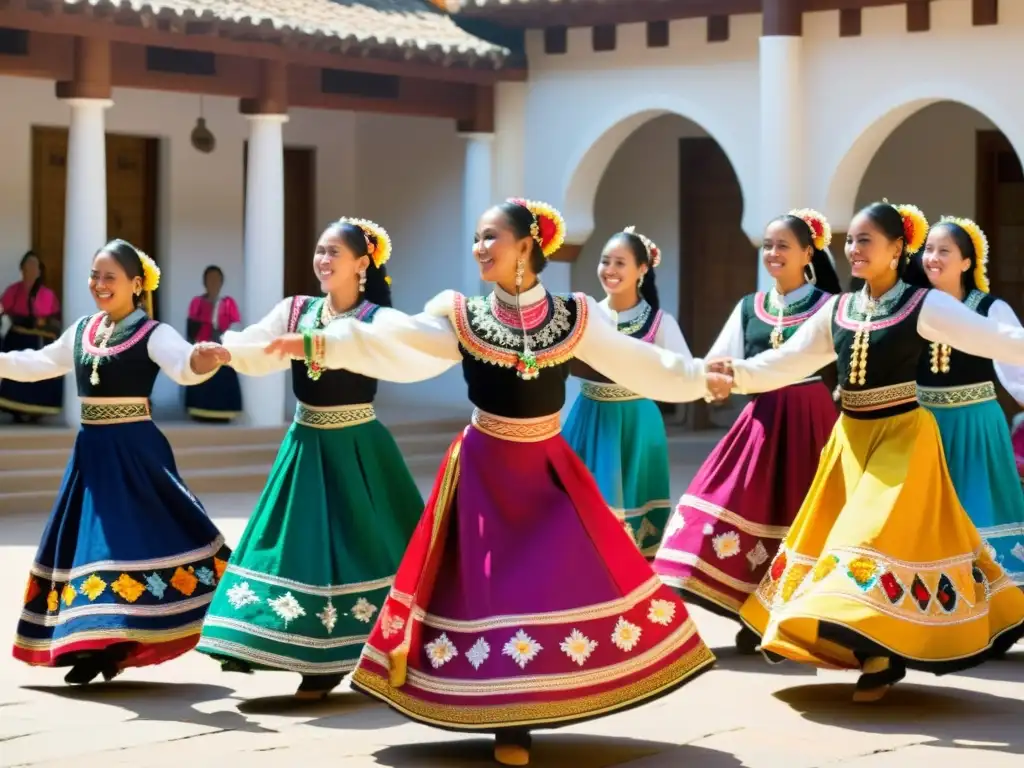 Revitalización de danzas tradicionales patrimonio: Bailarines en trajes vibrantes y detallados, moviéndose graciosamente en un patio soleado, rodeados de espectadores admirativos