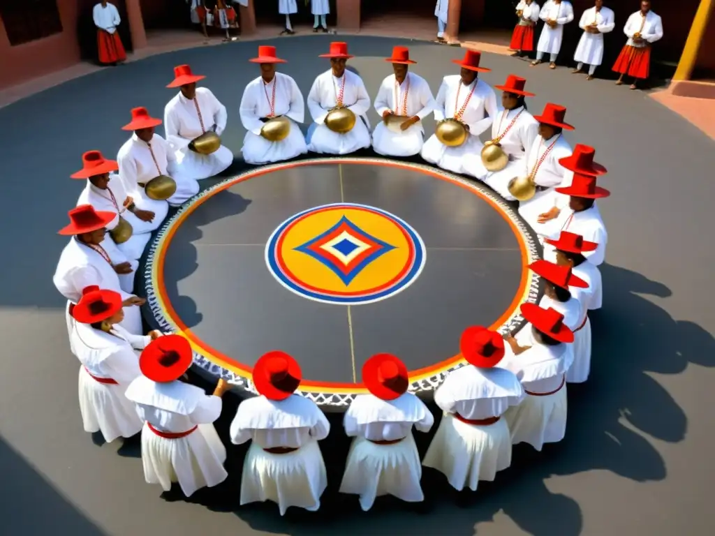 Un ritual de Santería con bailarines blancos danzando al ritmo de tambores, honrando sus tradiciones