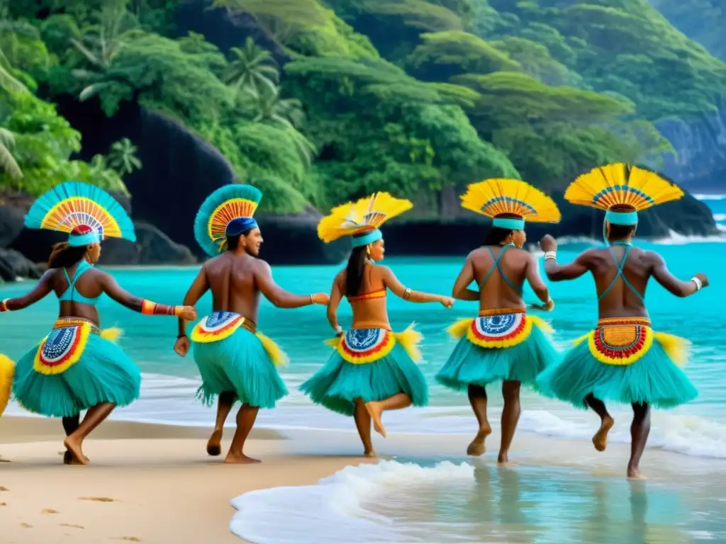 Un ritual de danza tradicional en una remota isla del océano Pacífico, con trajes vibrantes y movimientos rítmicos