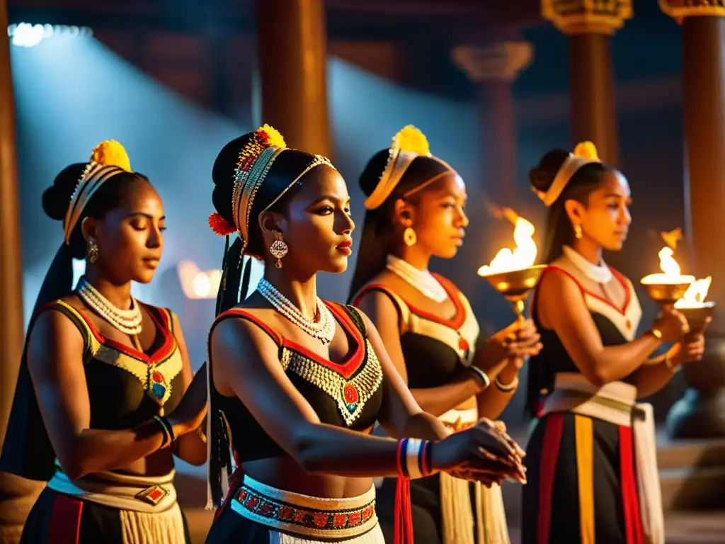 Ritual sagrado de danza tradicional con significado cultural en un templo iluminado a la luz de las velas