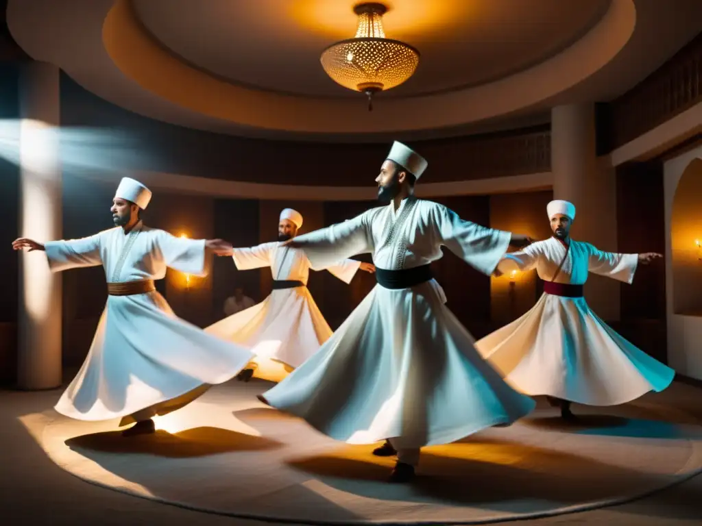 Derviches girando en trance: la Sema en 8k Un ritual Sema turco con derviches girando en trajes blancos, captando su significado cultural y técnica