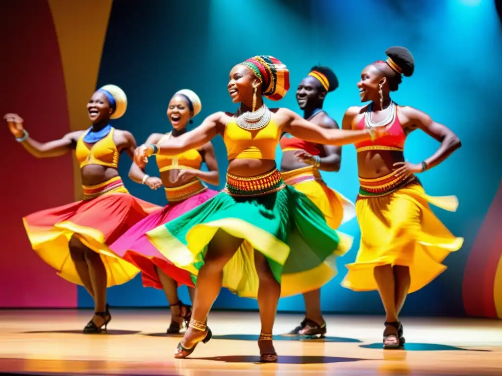 Rituales africanos de danza y música: grupo de bailarines africanos con trajes tradicionales coloridos, ejecutando una danza rítmica y alegre