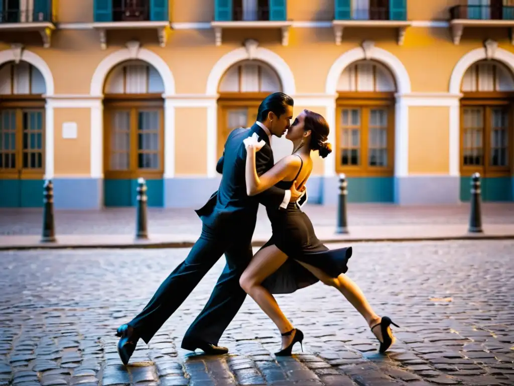 Romántico tango en las calles de Buenos Aires, con danza apasionada y arquitectura icónica al fondo