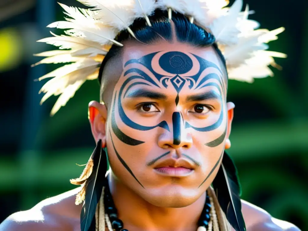 Rostro de bailarín Maorí con tatuajes tradicionales y tocado de plumas en Festival de danza Haka Maorí global