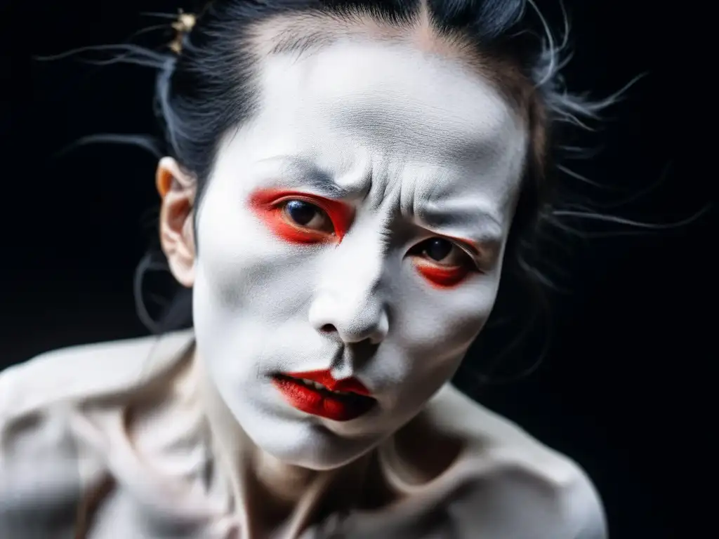 El rostro contorsionado de una bailarina Butoh expresa angustia y desesperación, con su piel blanca contrastando con el fondo oscuro