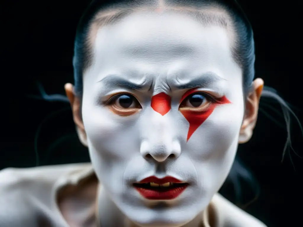 Rostro intenso de bailarín Butoh, expresiones faciales exageradas, belleza y dramatismo en el Festival Danza Butoh Japón