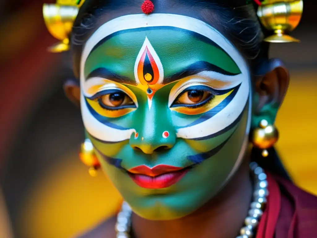 Rostro de intenso maquillaje Kathakali, con expresiones detalladas que representan emociones