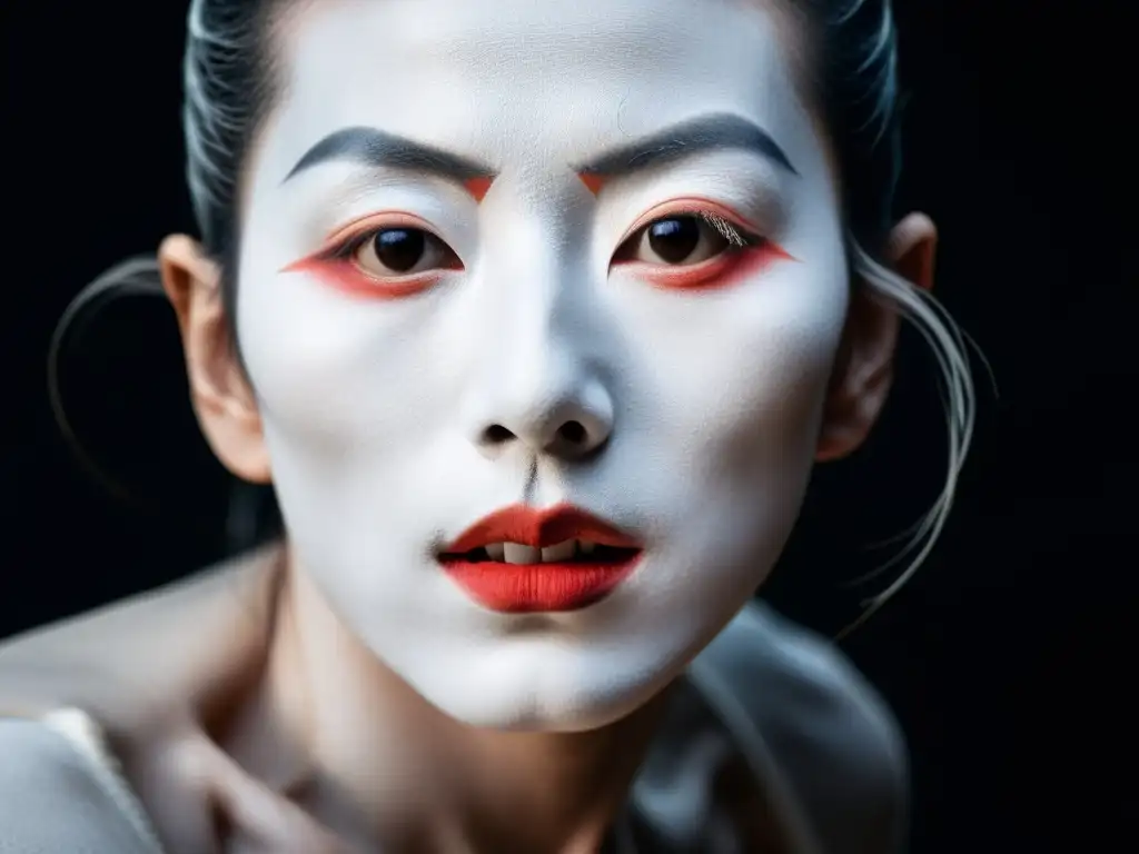 Rostro de bailarín Butoh japonés con maquillaje exagerado, expresiones intensas y misteriosas