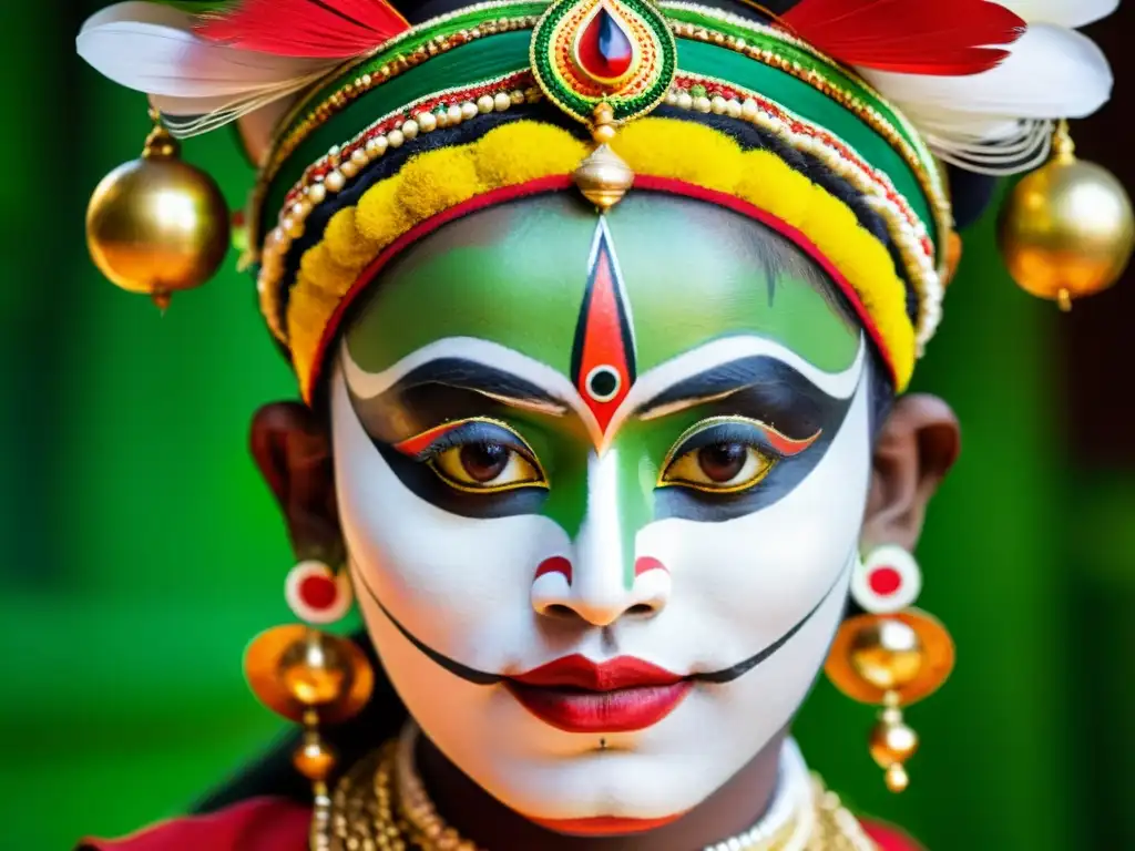 Rostro de bailarín de Kathakali con maquillaje vibrante y expresión intensa