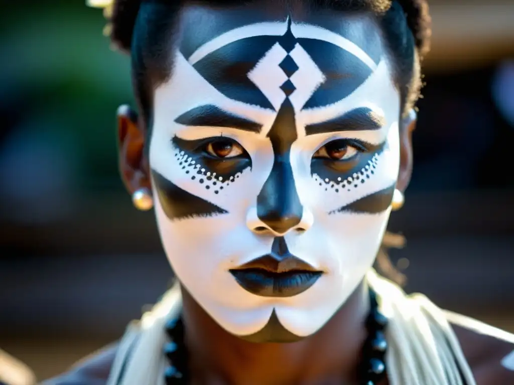 Rostro pintado de bailarín Mapiko de Mozambique con mirada intensa, expresando fuerza y significado cultural danza Mapiko Mozambique