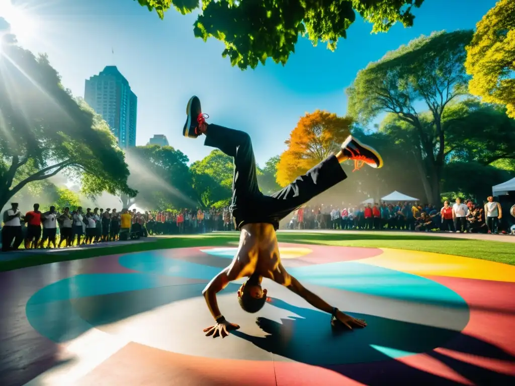 Breakdancers ejecutan rutina en parque urbano, con energía y pasión, reflejando el poder del baile urbano