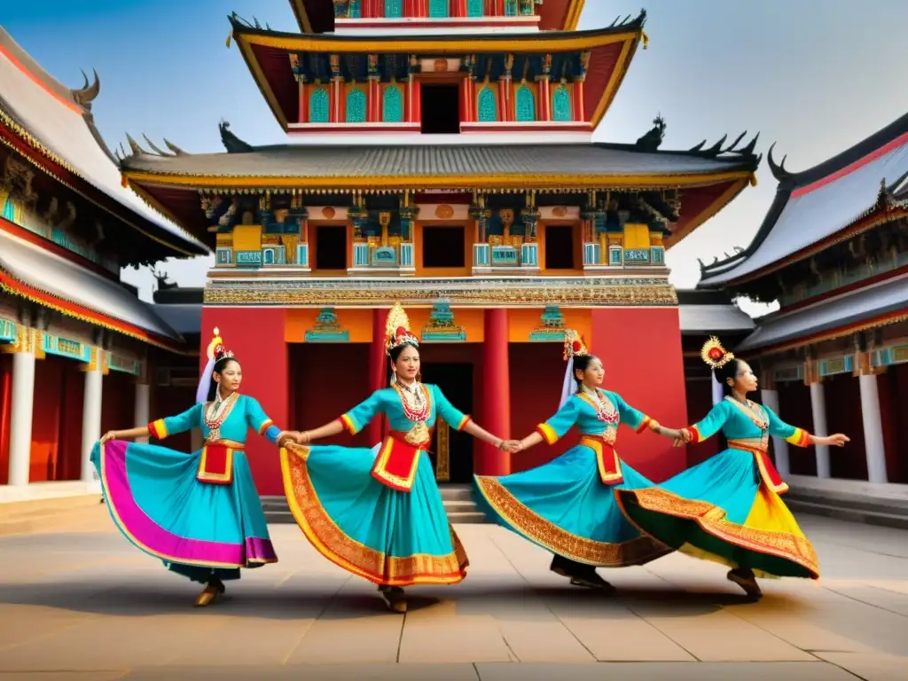 Rutinas de entrenamiento para danzas tradicionales: Grupo de bailarines tradicionales en vibrantes trajes, realizando una rutina sincronizada frente a un templo histórico