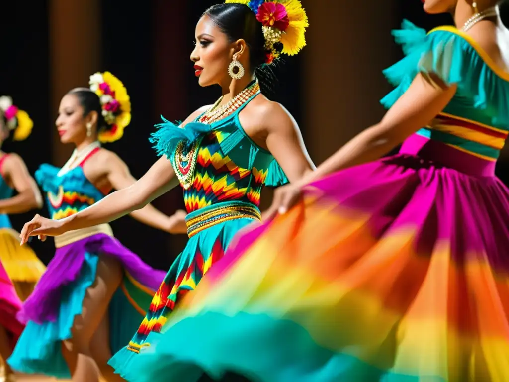 Rutinas de entrenamiento para danzas tradicionales: Fotografía de bailarines latinoamericanos en atuendos vibrantes, expresando pasión y energía en su actuación