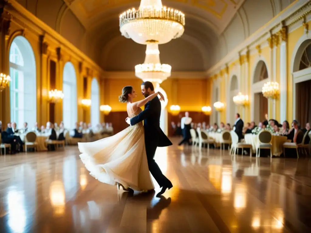 Una sala de baile elegante con parejas bailando la técnica de Vals Vienés, en un ambiente de sofisticación, romance y elegancia atemporal