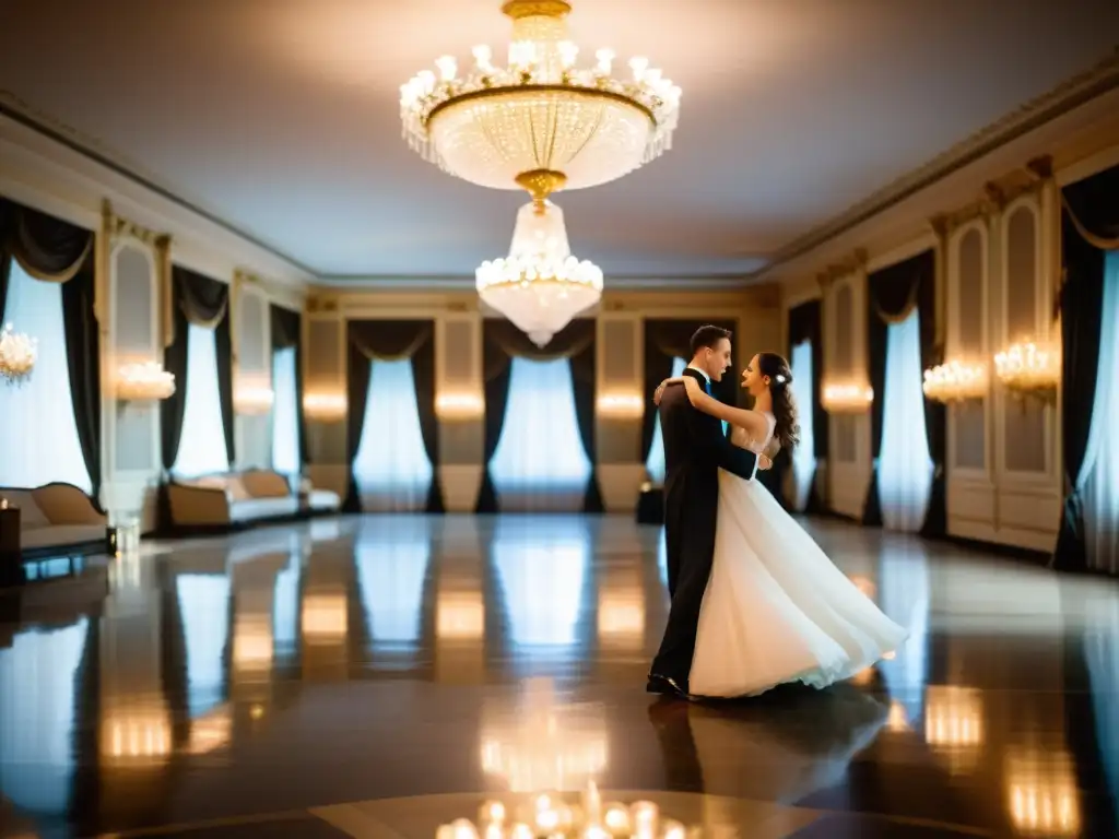 Una sala de baile llena de parejas elegantemente vestidas bailando el Vals vienés en perfecta sincronización, iluminada por cálidas velas y lujosa decoración