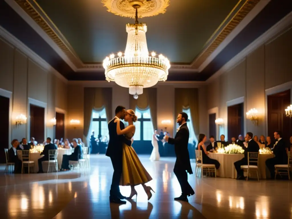 Una sala de baile ornamentada con un techo dorado y candelabros brillantes, donde parejas elegantemente vestidas bailan el minueto