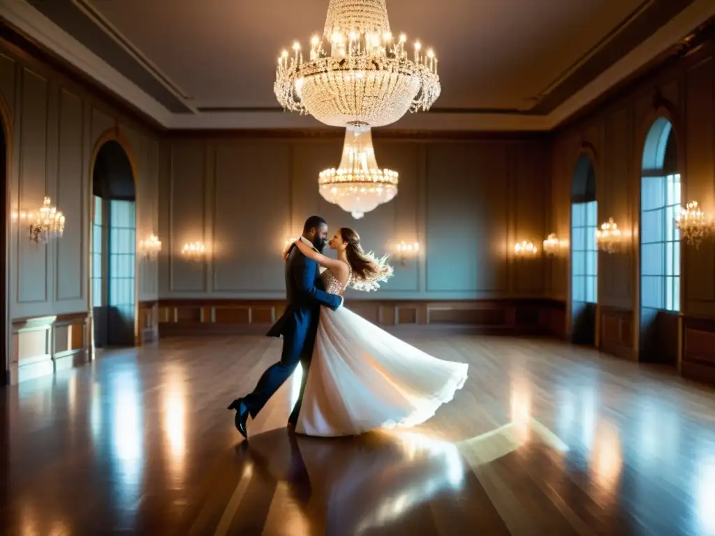 Salón de baile elegante con brillantes lámparas de cristal y parejas bailando en perfecta armonía al ritmo del Vals Vienés