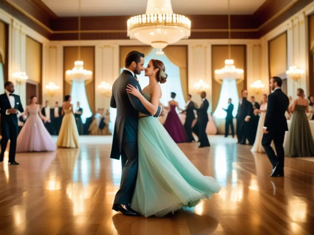 Salón de baile elegante con parejas danzando al ritmo de la Vals vienesa, vistiendo atuendos tradicionales y modernos