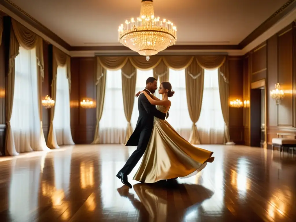 Salón de baile elegante con parejas bailando vals en un ambiente de tradición y gracia