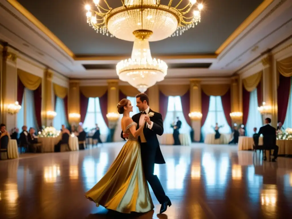 Salón de baile elegante con parejas bailando el Vals Vienés, creando una atmósfera romántica y encantadora