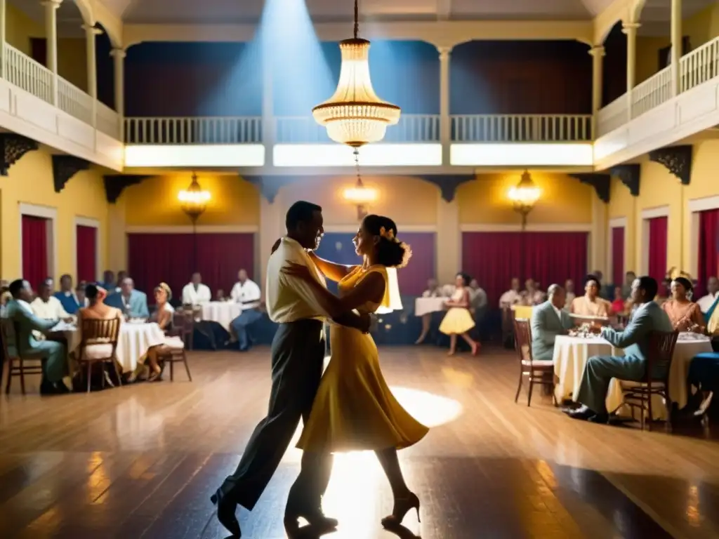 Salón de baile en La Habana de los años 40, con parejas elegantes bailando al ritmo del mambo