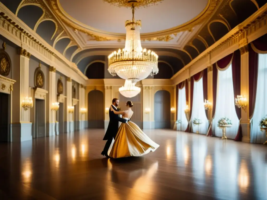 Salón de baile opulento en palacio europeo, parejas vestidas elegantemente bailan mazurka y vals, exudando romance y elegancia histórica en Europa