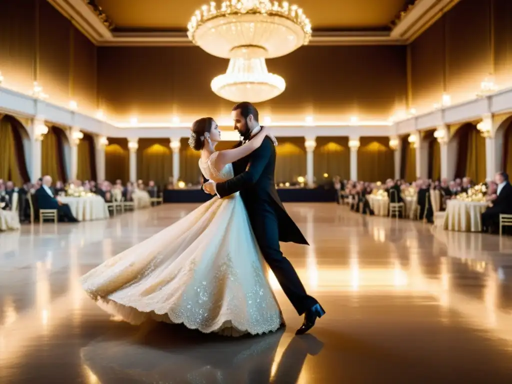 Salón de baile con parejas elegantes bailando el Vals Vienés en un ambiente de sofisticación cultural y refinamiento