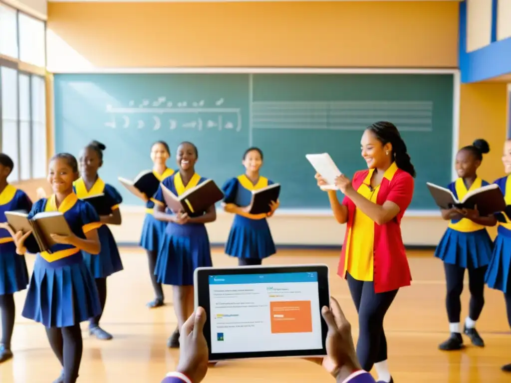 Salón de danza tradicional con estudiantes entusiastas y maestra utilizando ebooks de música para danzas globales