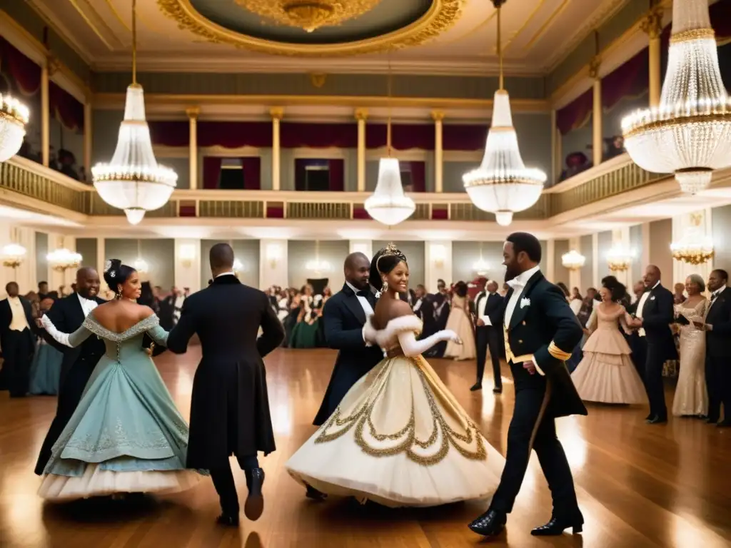 Un salón elegante donde parejas bailan con gracia la Contredanse, exudando encanto y refinamiento