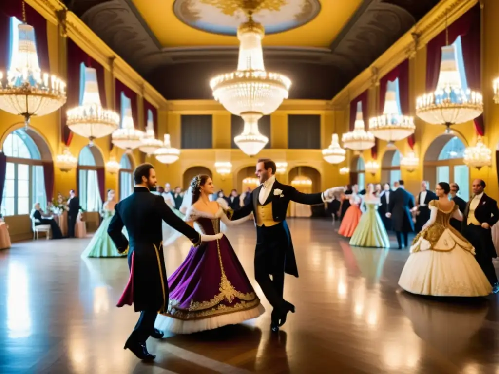 Salón elegante del siglo XIX en Europa, con parejas aristocráticas bailando la Quadrille al ritmo de la música de cuerdas