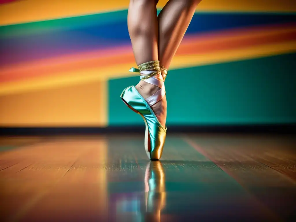 Un salto de un bailarín con zapatillas de punta coloridas y detalladas, fusionando tradición y diseño moderno en la danza