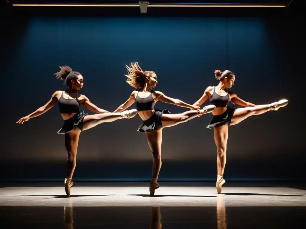 Sincronización perfecta en el salto de bailarines en estudio iluminado, expresiones de intensidad y dedicación palpables