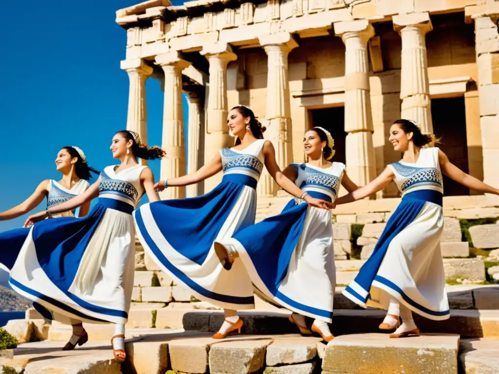 Un salto dinámico de bailarines griegos en trajes tradicionales blancos y azules, capturados entre ruinas antiguas