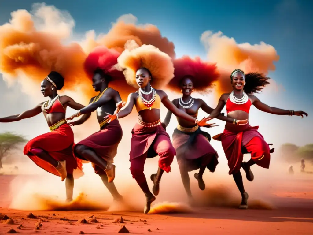 Un salto dinámico y poderoso de bailarines africanos vestidos con atuendos tradicionales vibrantes