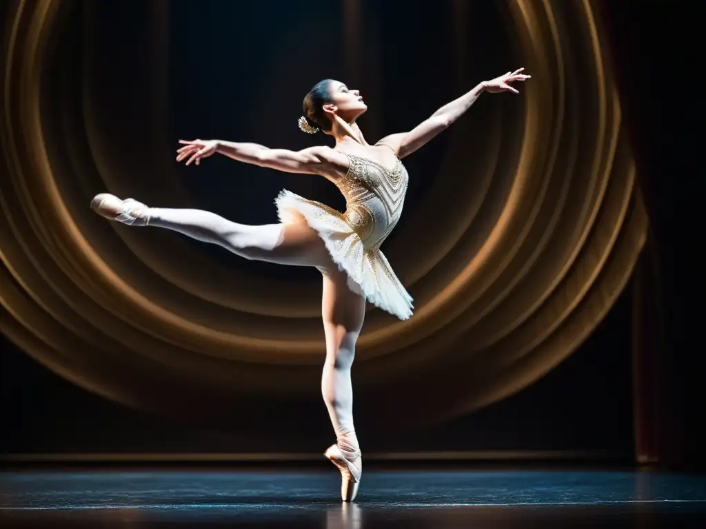 Un salto enérgico y elegante de una bailarina profesional en un teatro tenue