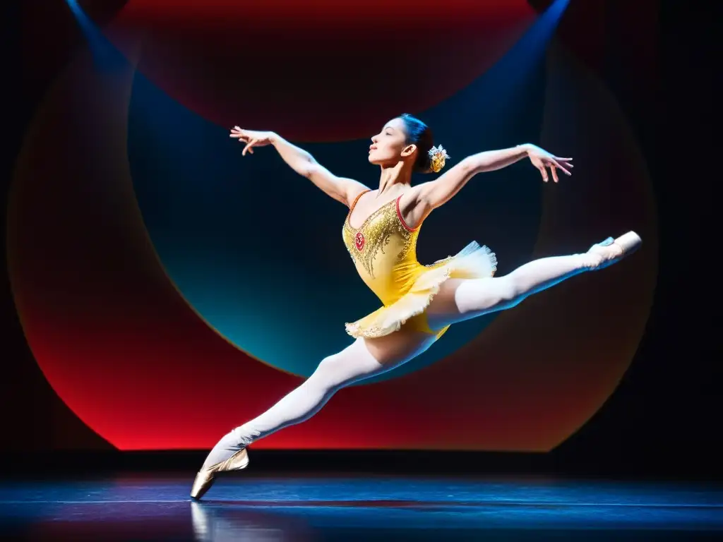 Un salto impresionante de una bailarina profesional en el escenario, irradiando elegancia y poder