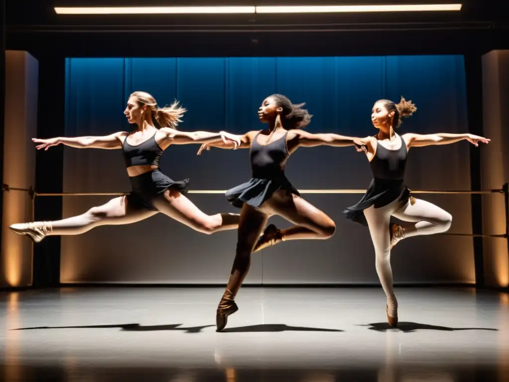 Sincronización coreografías música movimiento: Dancers ejecutan un salto sincronizado en estudio iluminado, reflejando precisión y arte