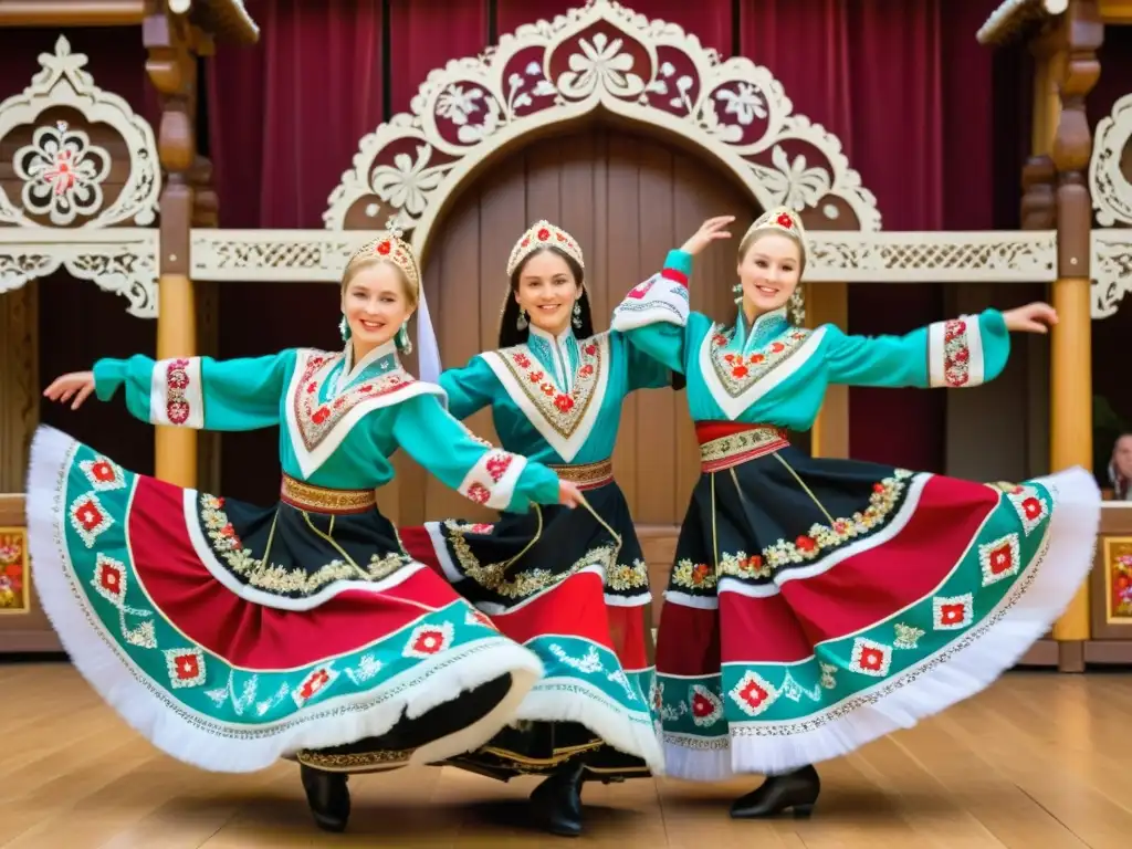 Saltos y giros en danzas tradicionales rusas con trajes vibrantes y escenario tradicional ruso