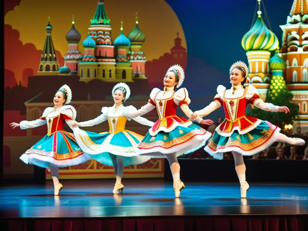 Saltos y giros danzas tradicionales rusas: Grupo de bailarines rusos en el escenario, ejecutando saltos y giros con pasión en un teatro ornado