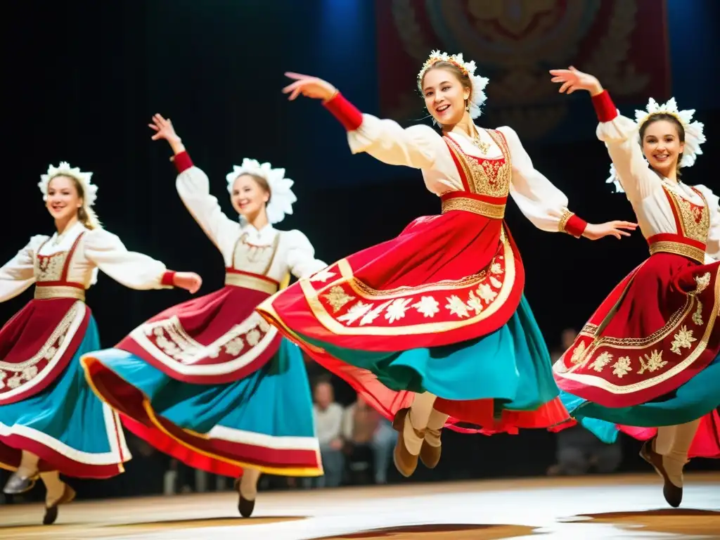 Saltos y giros danzas tradicionales rusas: Bailarines rusos vestidos con trajes tradicionales coloridos saltan y giran con gracia y alegría, destacando la rica herencia cultural y habilidad técnica de la danza tradicional rusa