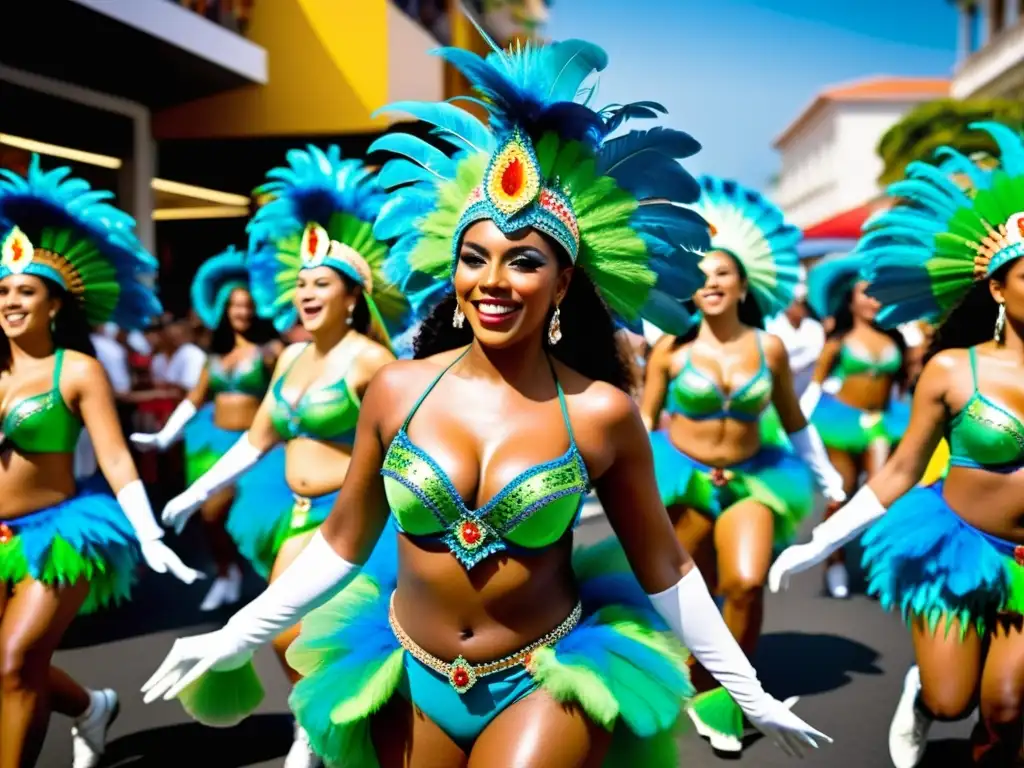 Guía para dominar la samba brasileña: Desfile animado de bailarines de samba en vibrantes trajes de plumas durante el bullicioso Carnaval de Brasil