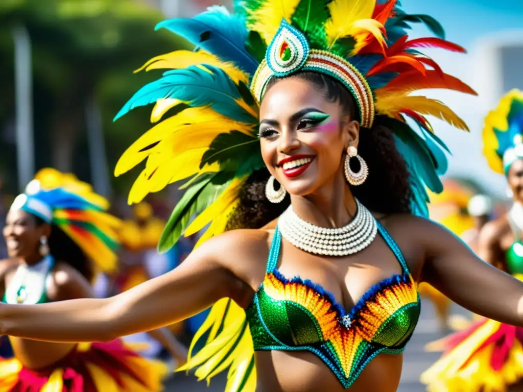 Guía para dominar la samba brasileña: Imagen 8k detallada de un vibrante desfile de samba en Brasil con bailarines coloridos y energía contagiosa