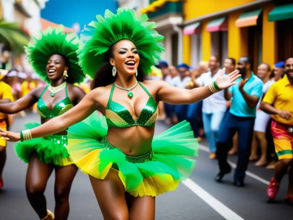 Guía para dominar la samba brasileña: Profesionales sambistas en trajes vibrantes danzando con pasión en un desfile colorido y festivo en Brasil