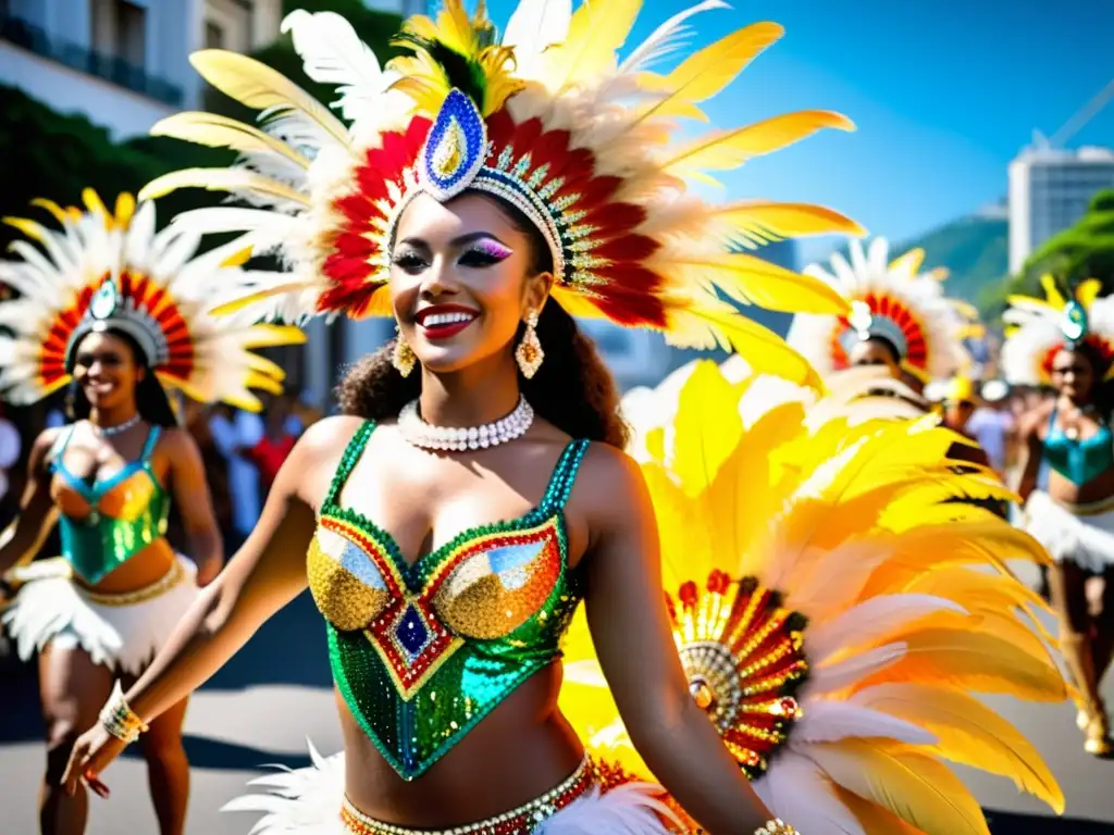 Samba dancers celebran el significado cultural del Carnaval de Río con trajes y movimientos vibrantes