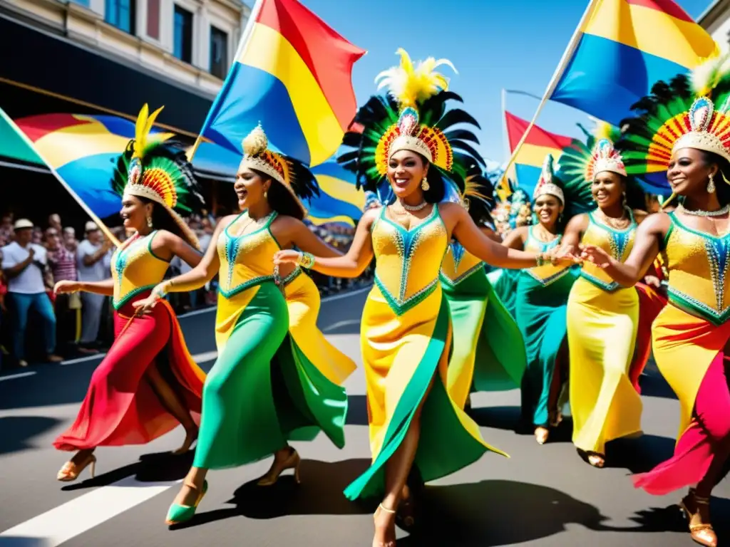 Samba ritmo contagioso y significado cultural capturados en la dinámica danza y desfile de samba con trajes tradicionales vibrantes y detallados