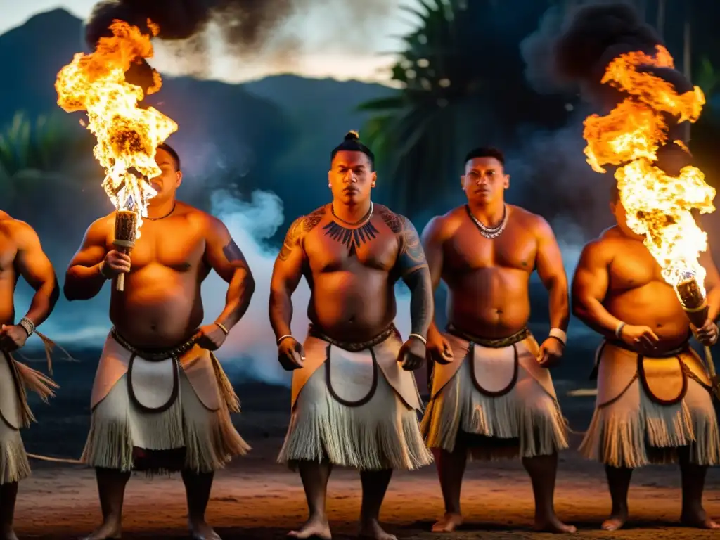 Samoanos bailando Ailao Afi alrededor de una fogata, con trajes tradicionales y tatuajes, mostrando el significado cultural del Ailao Afi