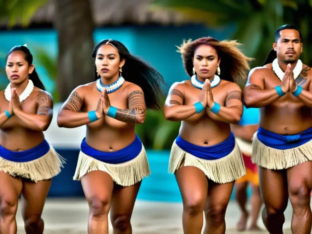 Samoanos danzando el Siva Samoa con significado cultural, exudando elegancia y fuerza, vestidos con atuendos tradicionales