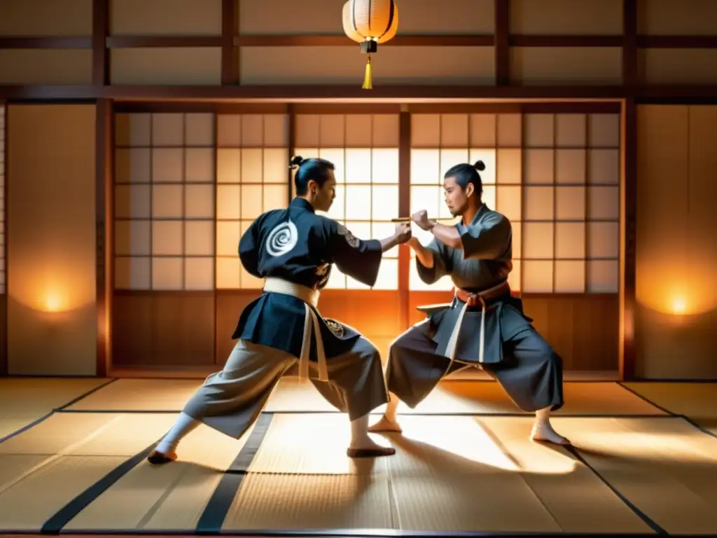 Dos samuráis danzan con espadas en un dojo japonés, creando una atmósfera hipnótica de disciplina y tradición